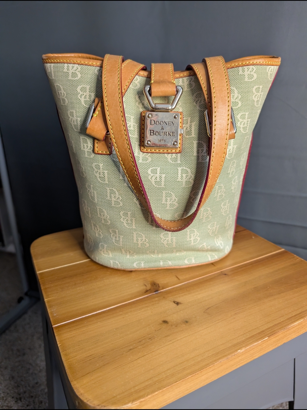 Dooney & Bourke Green Logo Canvas Shoulder Bag with Tan Trim